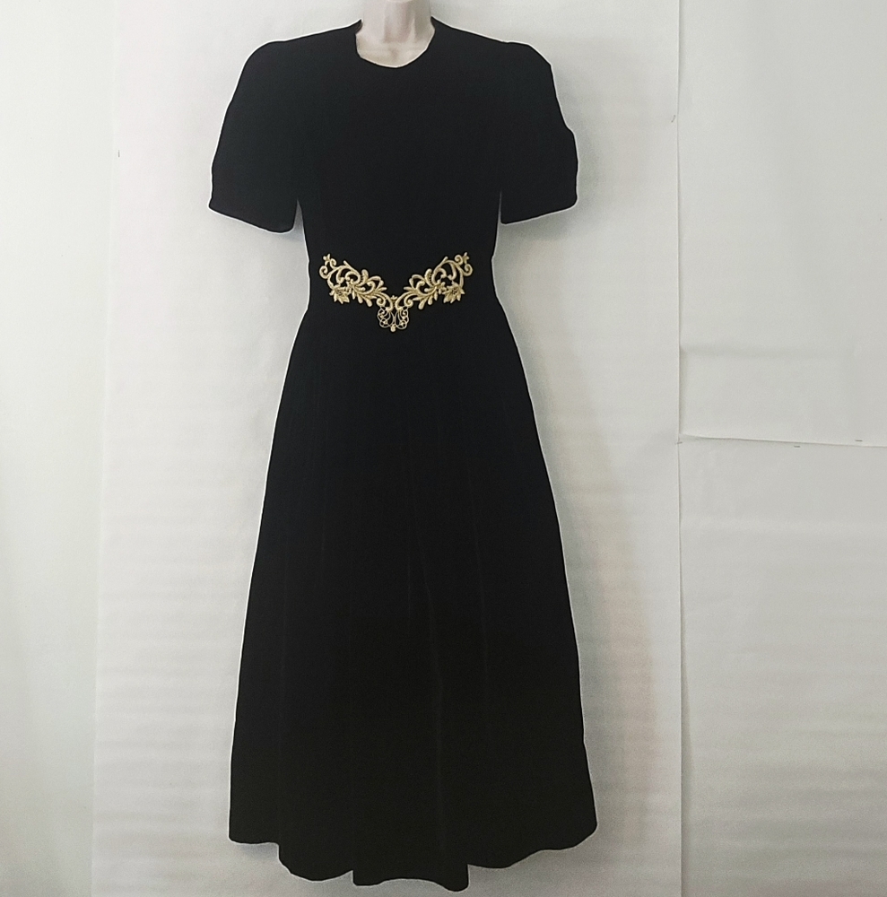 Vintage Black Velvet Dress Size 12 Womens with Gold Embellishments